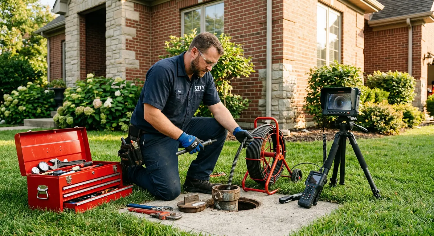Sewer specialist with camera equipment servicing a cleanout in Thornapple
