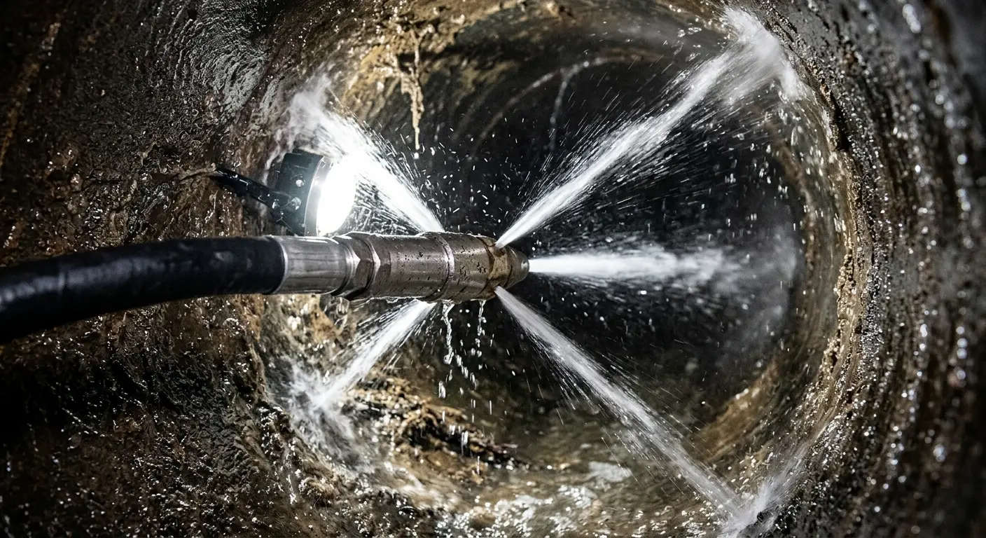High-pressure hydro jetting nozzle cleaning sewer pipe for Sewer Cleanout in Thornapple