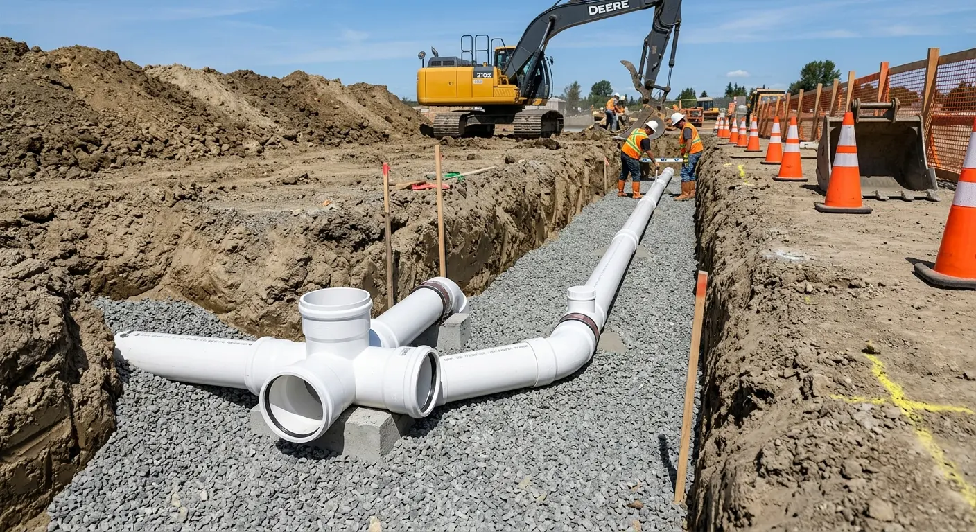 New PVC sewer pipe installation in open trench for Sewer Backup in Thornapple