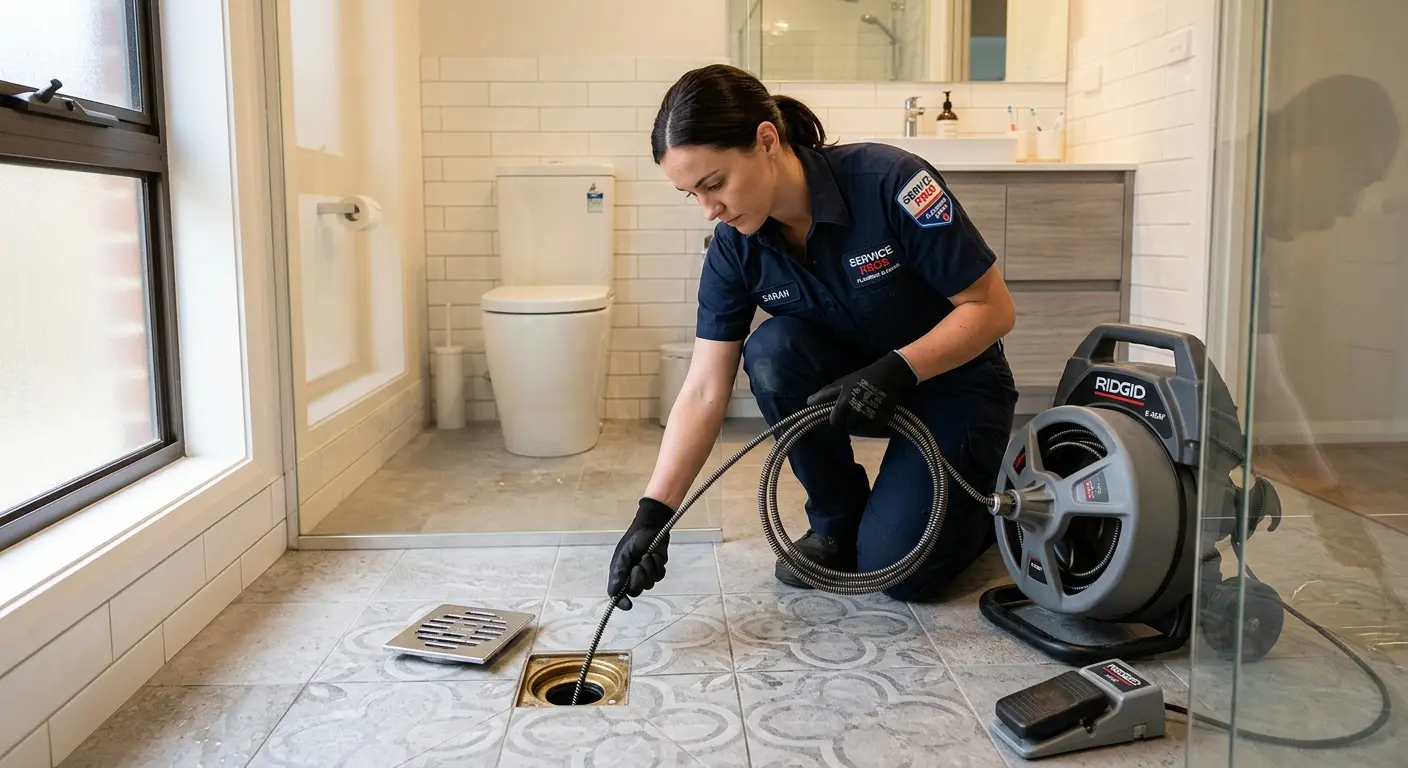 Technician clearing a bathroom floor drain for Sewer Line Replacement in Thornapple